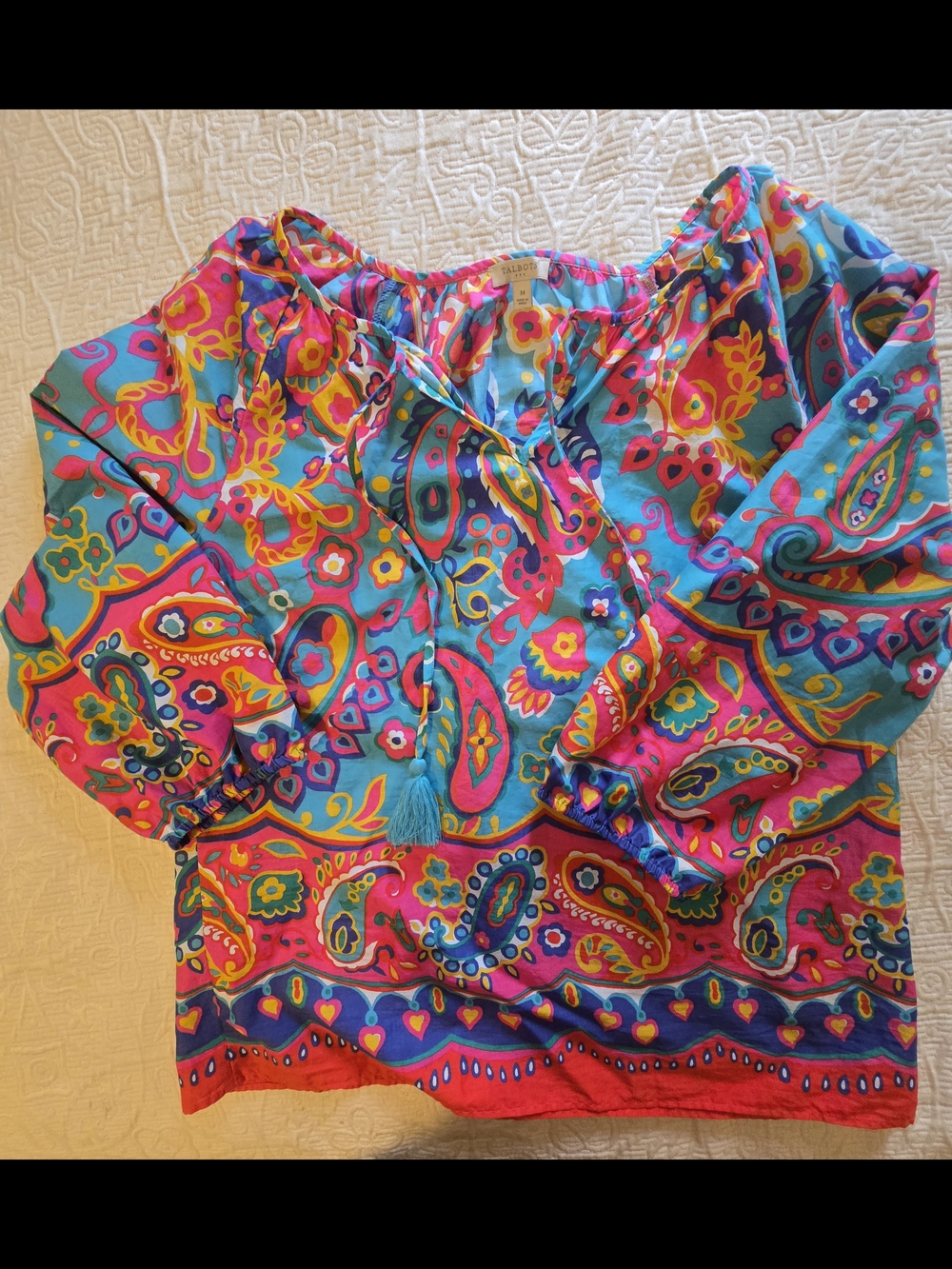 Talbots Turquoise Floral Cotton Blouse with Pink and Yellow Accents M